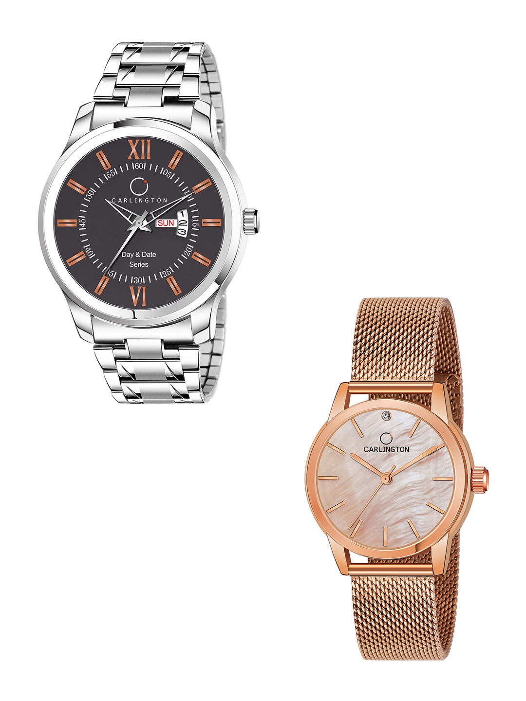 

CARLINGTON His & Her Watch Gift Set Combo G01 Chocolate-CT2013 RoseGold, Rose gold