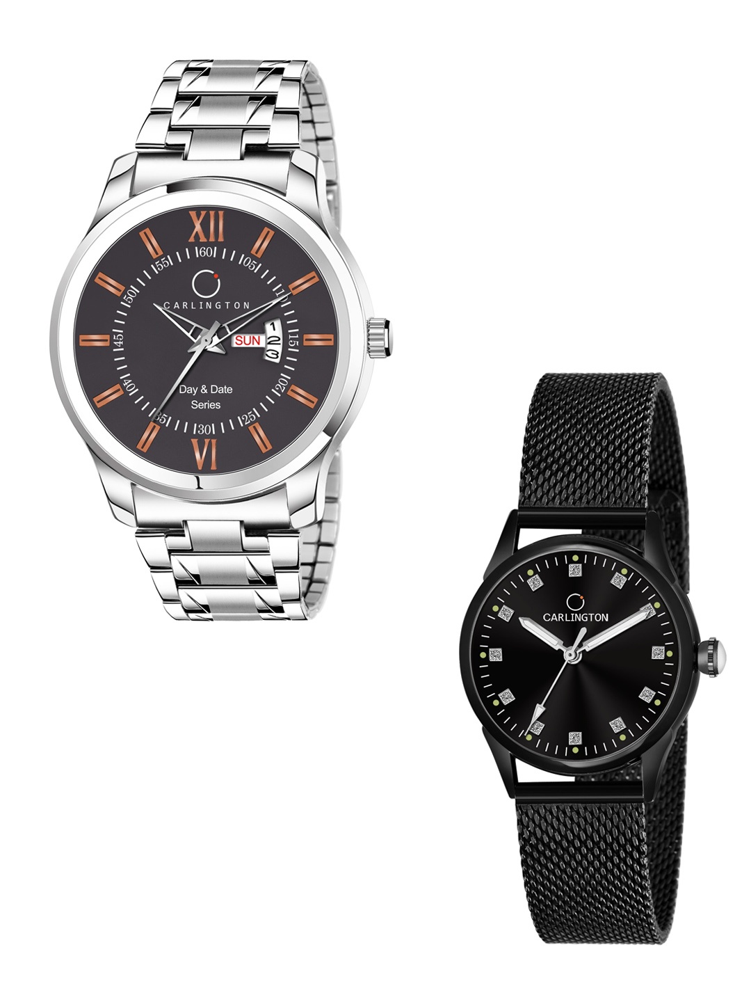 

CARLINGTON His & Her Watch Gift Set Combo G01 Chocolate-CT2003 Black, Silver