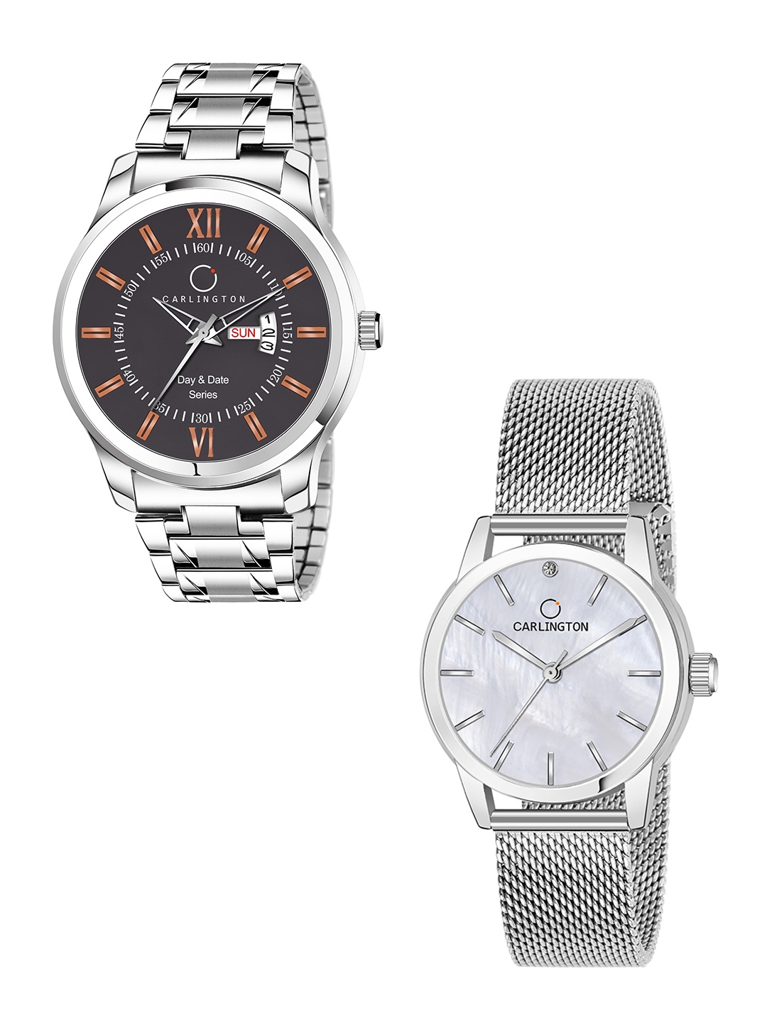 

CARLINGTON His & Her Analogue Watch Gift Set Combo G01 Chocolate-CT2010 Silver