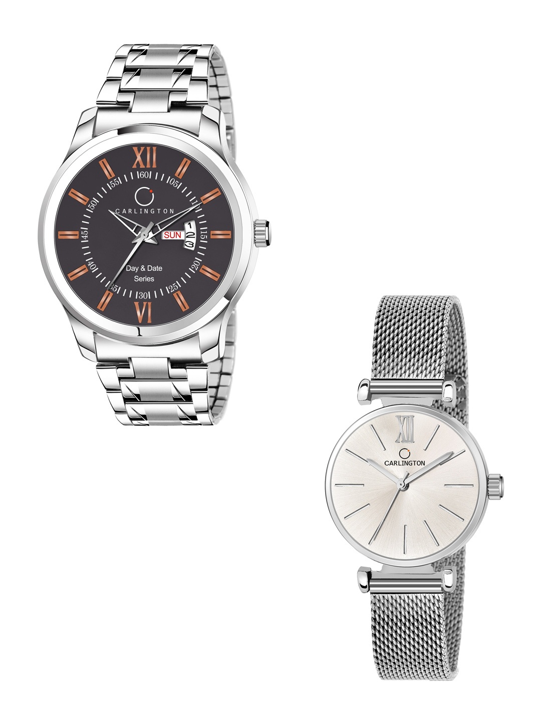 

CARLINGTON His & Her Watch Gift Set Combo G01 Chocolate-CT2016 Silver