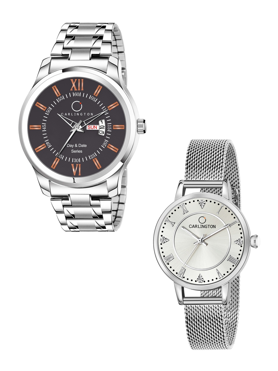 

CARLINGTON His & Her Analogue Watch Gift Set Combo G01 Chocolate-CT2013 Silver