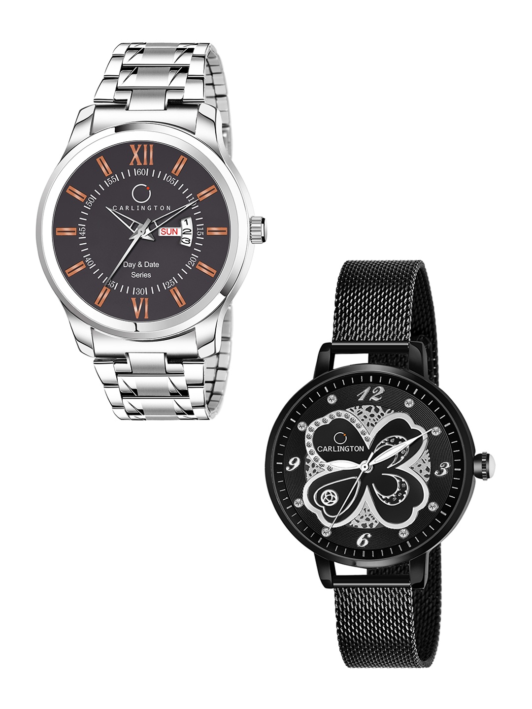 

CARLINGTON His & Her Analogue Watch Gift Set Combo G01 Chocolate-CT2019 Black, Silver