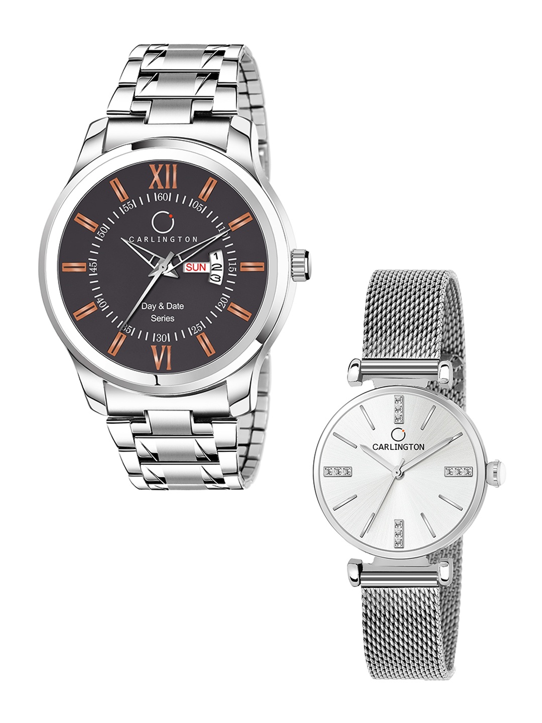 

CARLINGTON His & Her Analogue Watch Gift Set Combo G01 Chocolate-CT2011 Silver