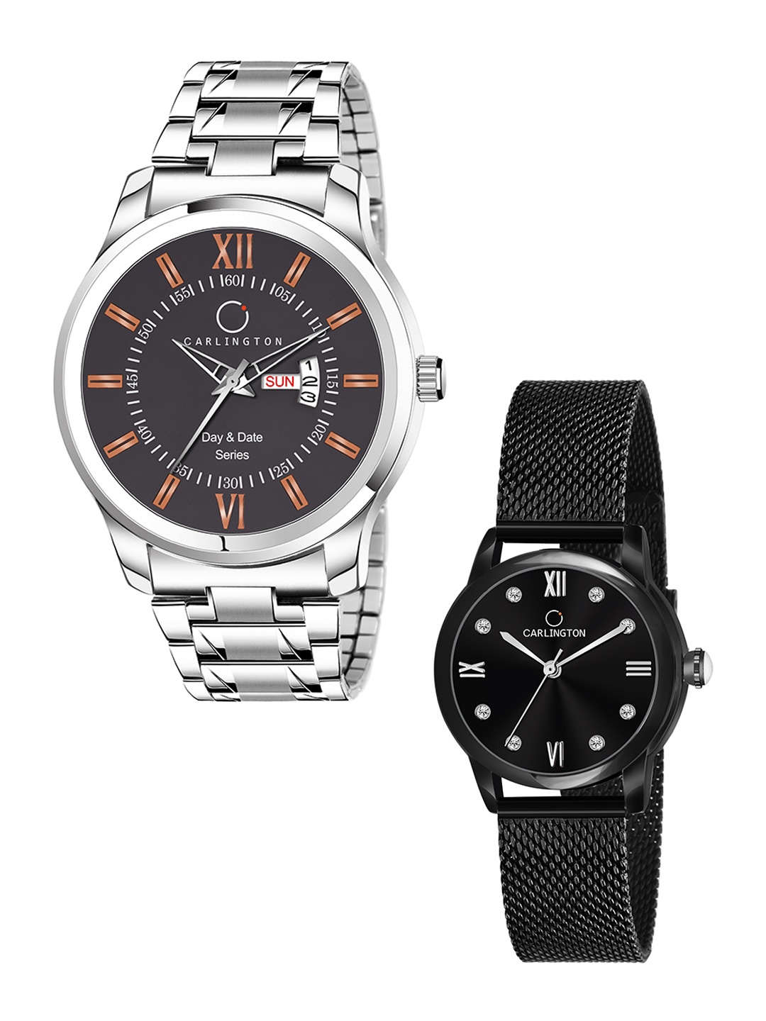 

CARLINGTON His & Her Watch Gift Set Combo G01 Chocolate-CT2005 Black