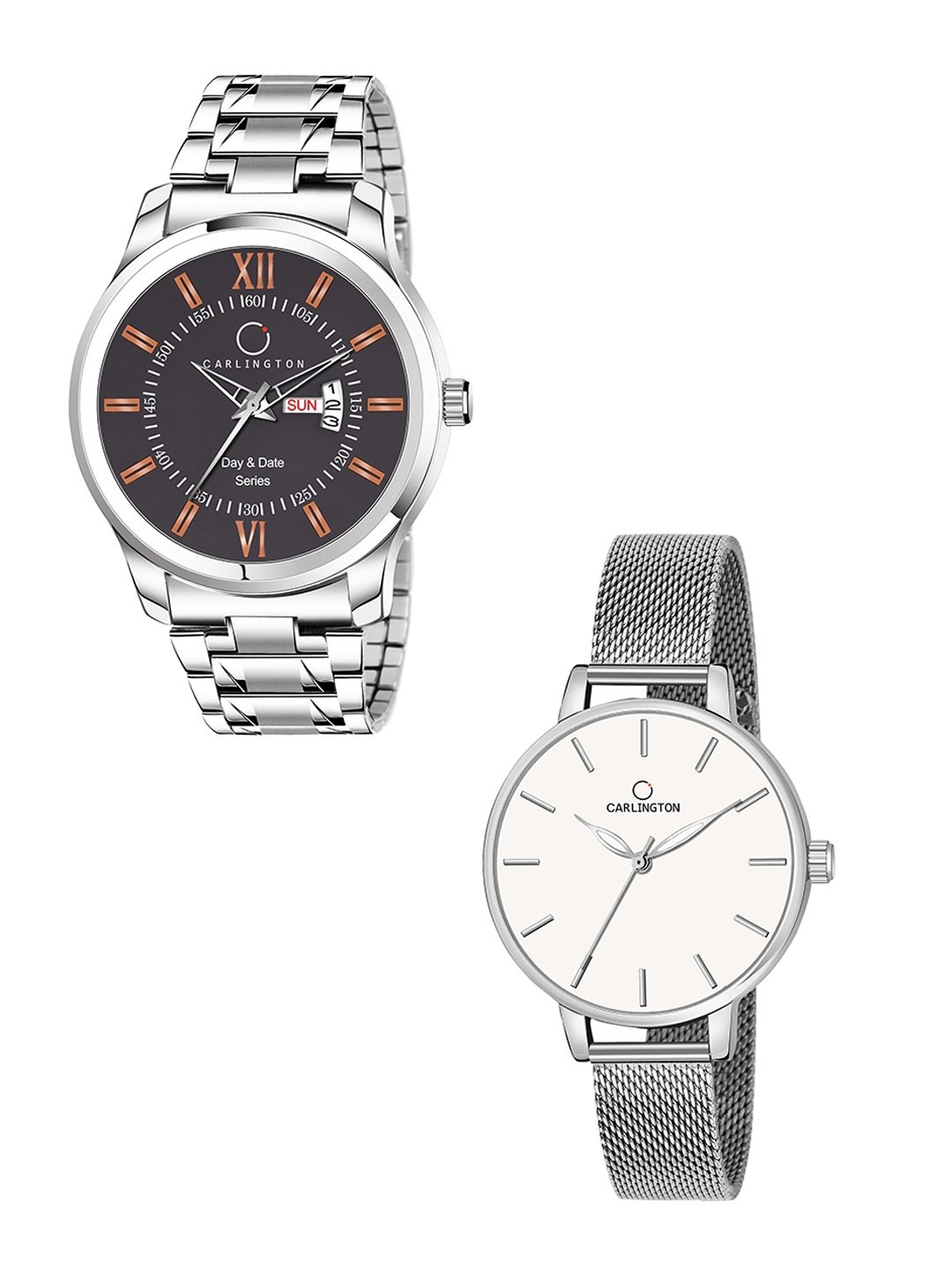 

CARLINGTON His & Her Analogue Watch Gift Set Combo G01 Chocolate-CT2014 Silver