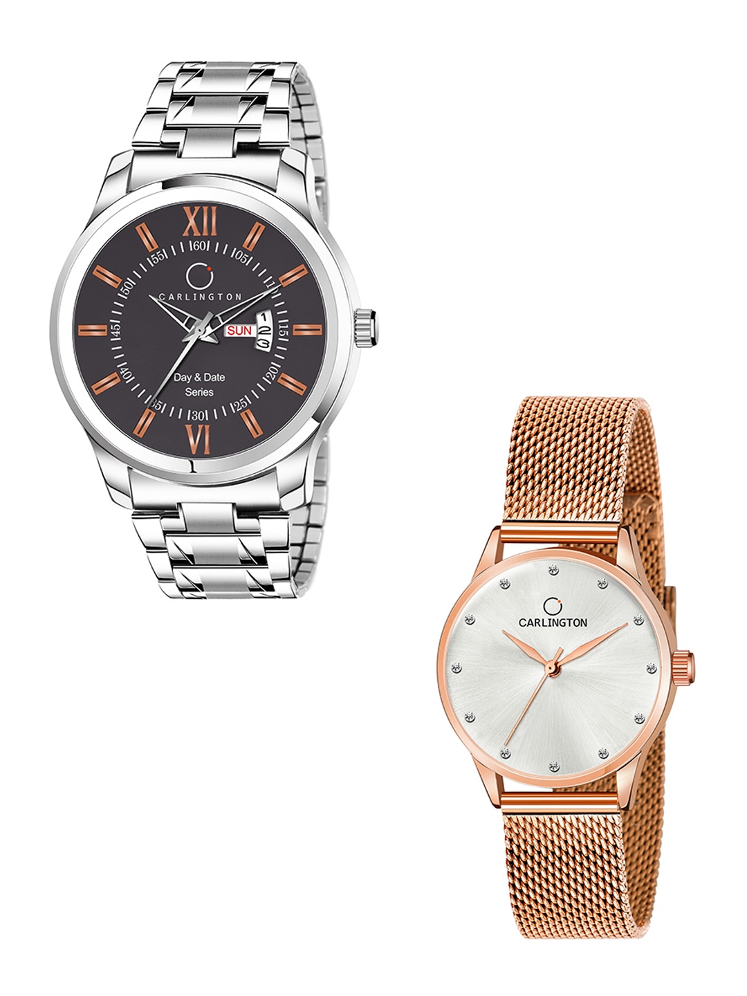 

CARLINGTON His & Her Watch Gift Set Combo G01 Chocolate-CT2009 RoseWhite, Silver