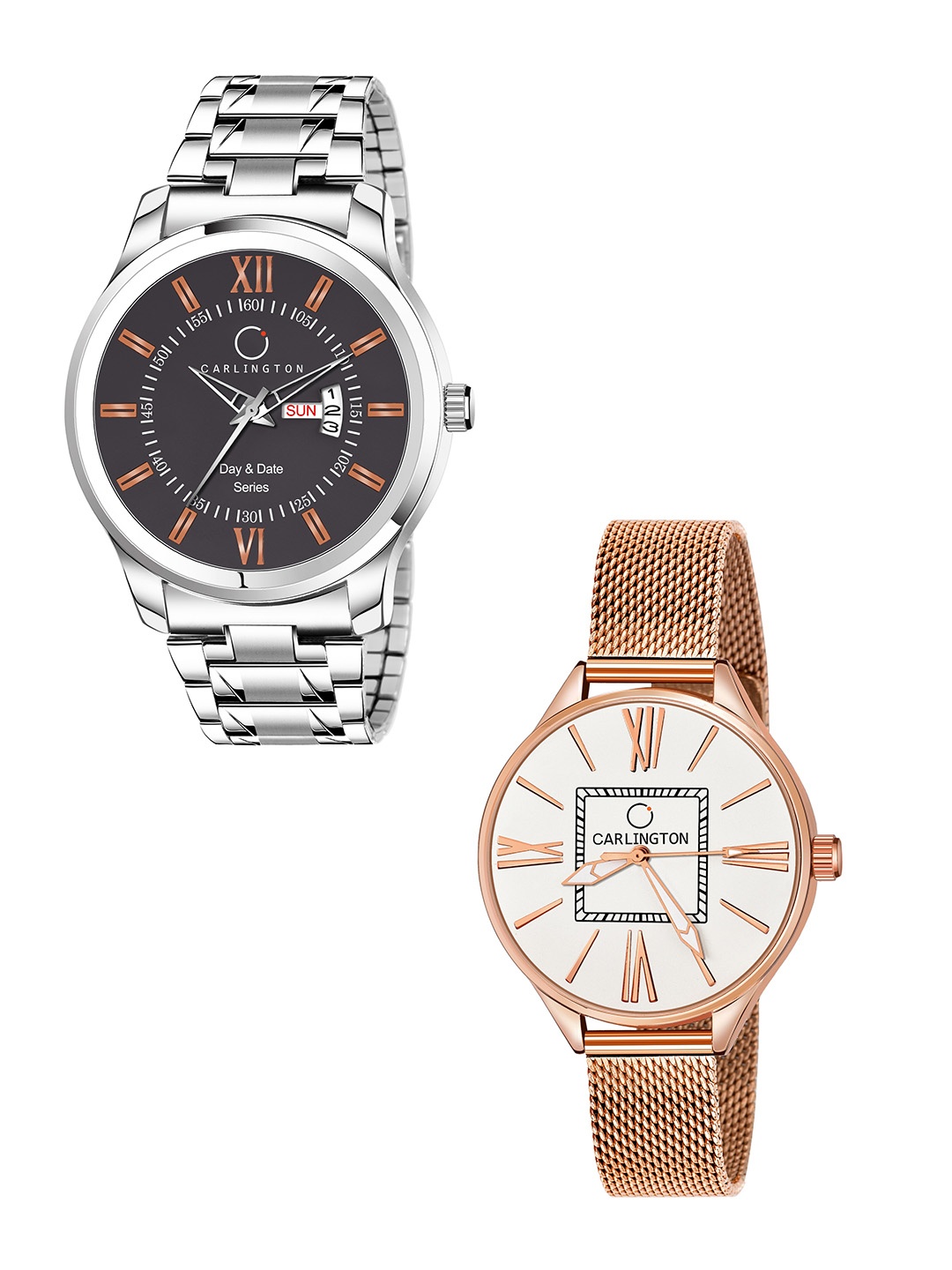 

CARLINGTON His & Her Watch Gift Set Combo G01 Chocolate-CT2015 RoseWhite, Rose gold