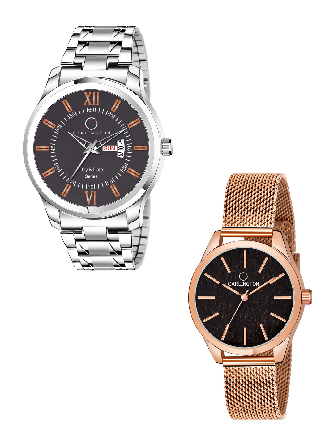 

CARLINGTON His & Her Watch Gift Set Combo G01 Chocolate-CT2001 RoseBlack, Silver