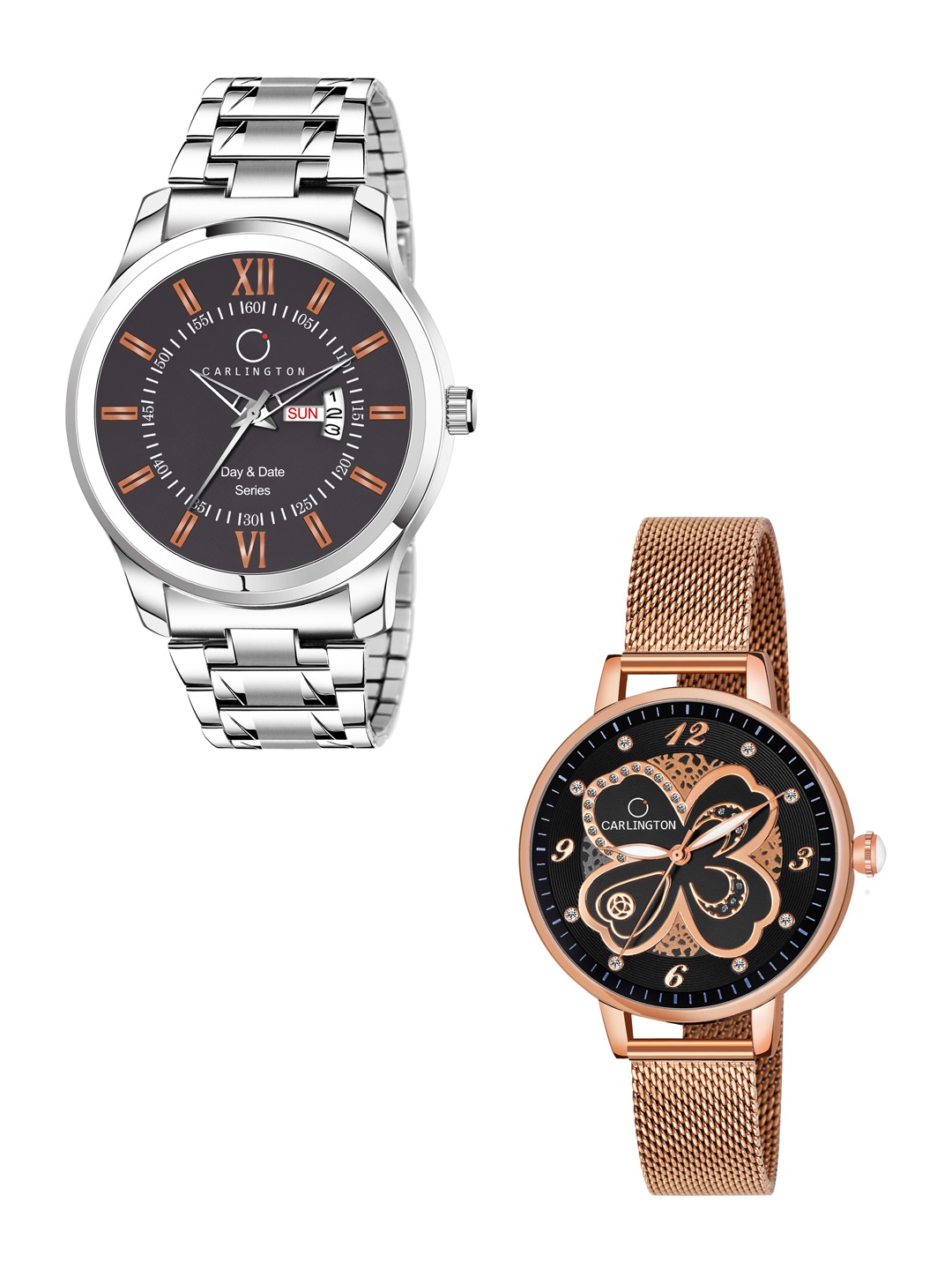 

CARLINGTON His & Her Analogue Watch Gift Set Combo G01 Chocolate-CT2019 RoseBlack, Silver