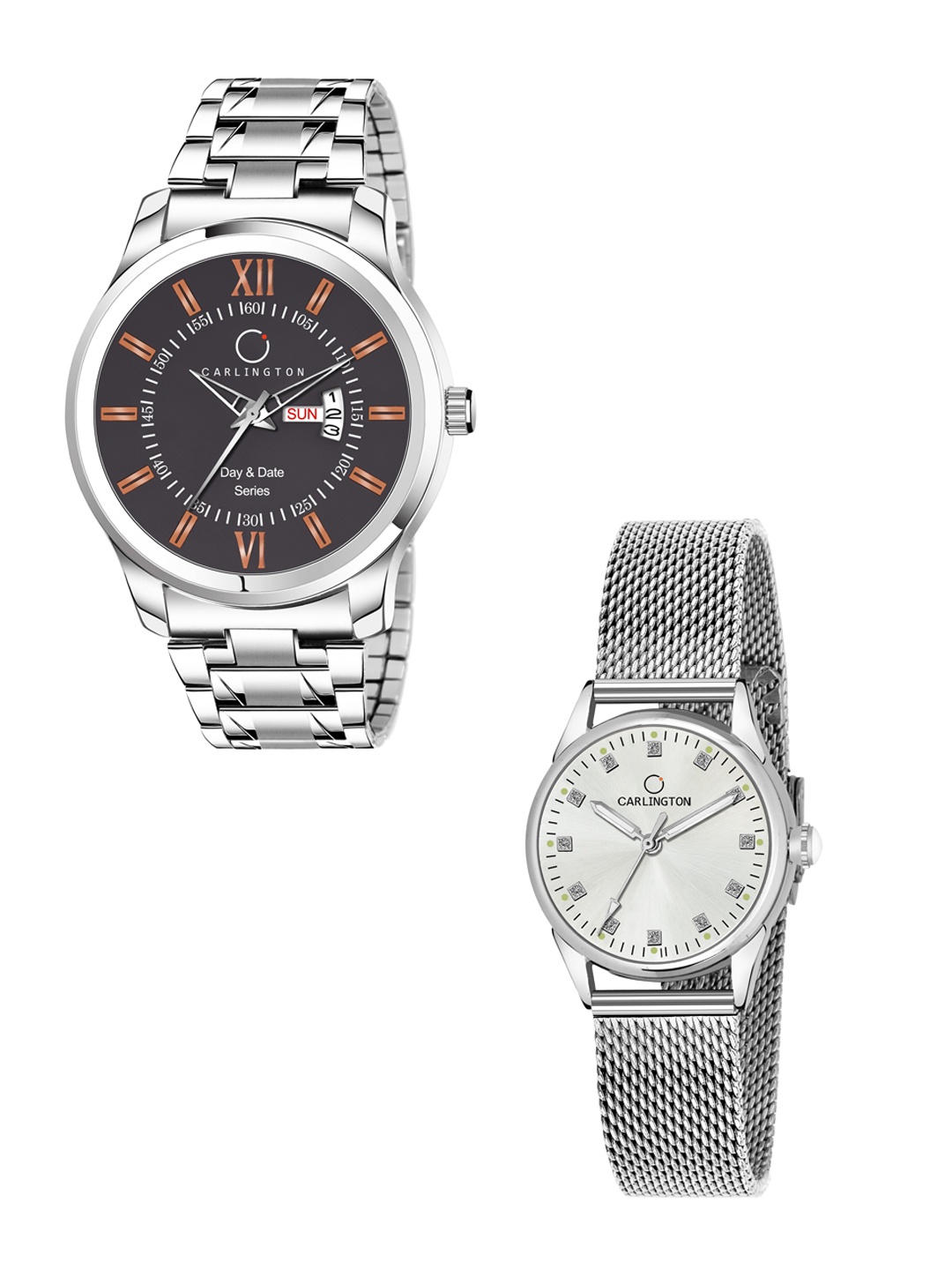 

CARLINGTON His & Her Watch Gift Set Combo G01 Chocolate-CT2003 Silver