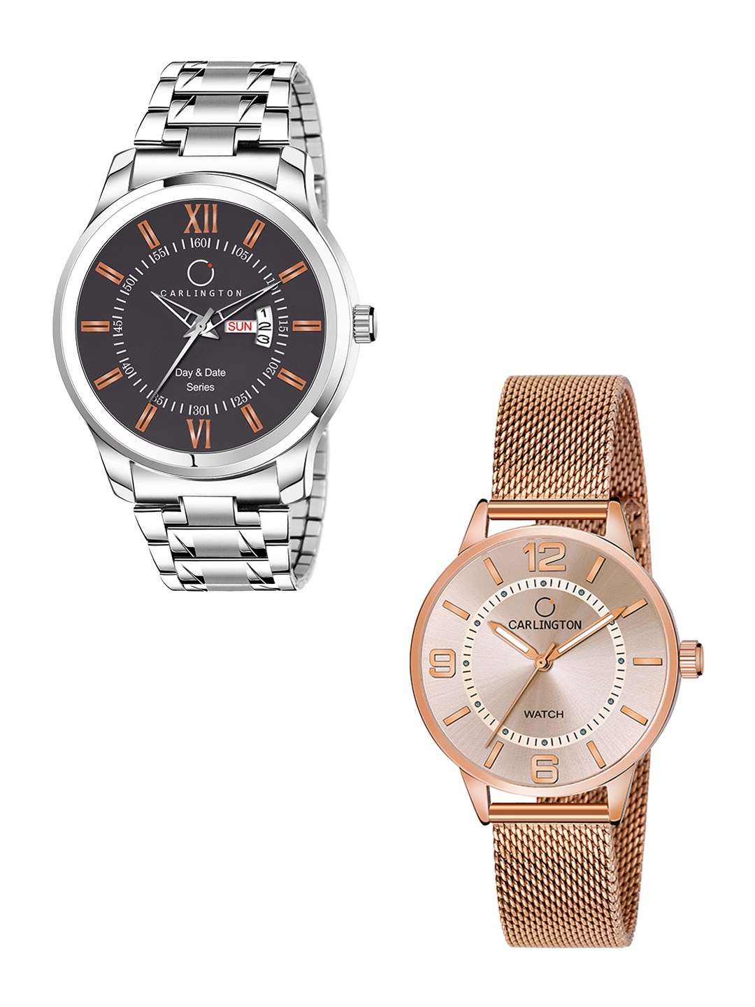 

CARLINGTON His & Her Analogue Watch Gift Set Combo G01 Chocolate-CT2002 RoseGold, Silver