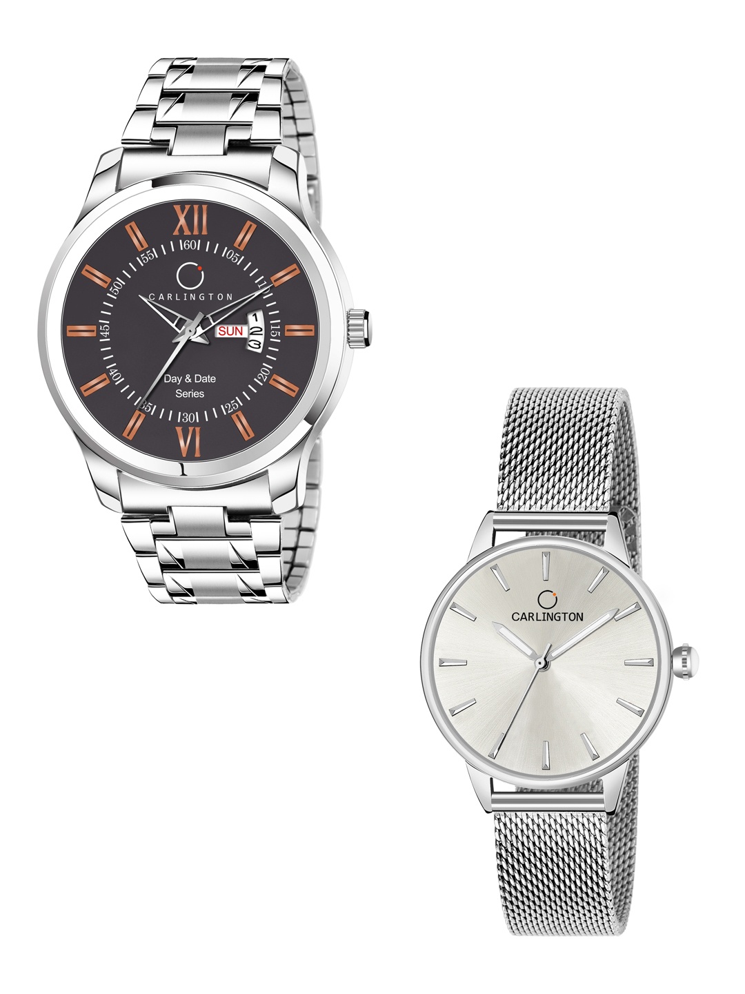 

CARLINGTON His & Her Analogue Watch Gift Set Combo G01 Chocolate-CT2007 Silver