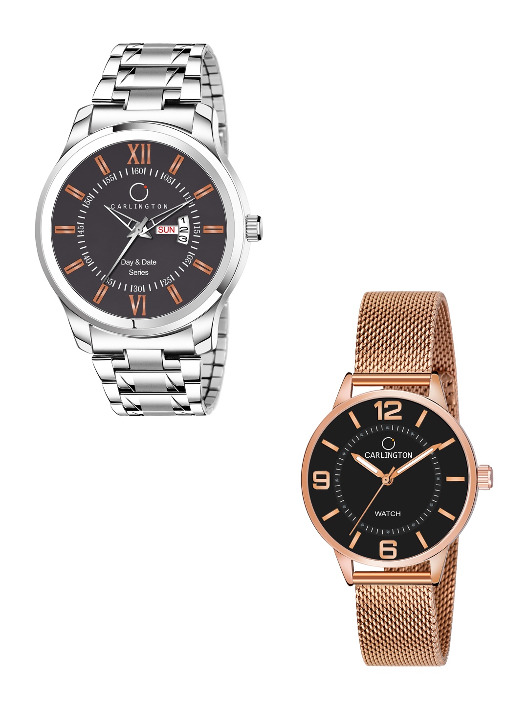 

CARLINGTON His & Her Watch Gift Set Combo G01 Chocolate-CT2002 RoseBlack, Silver