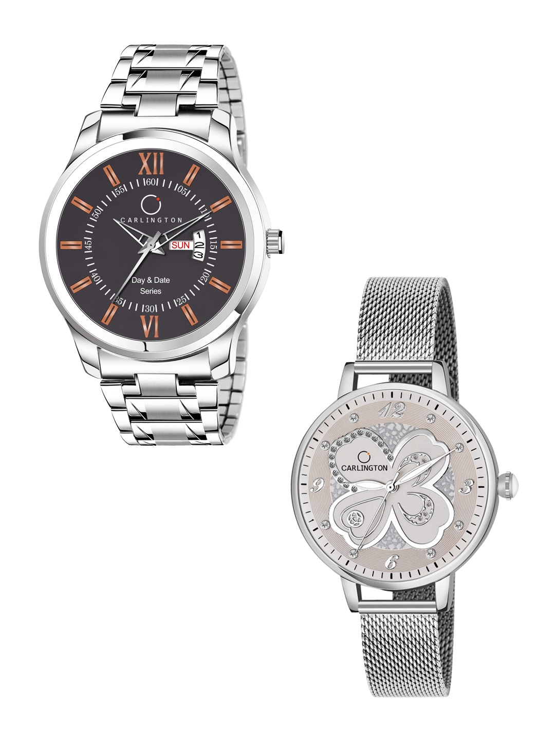 

CARLINGTON His & Her Watch Gift Set Combo G01 Chocolate-CT2019 Silver
