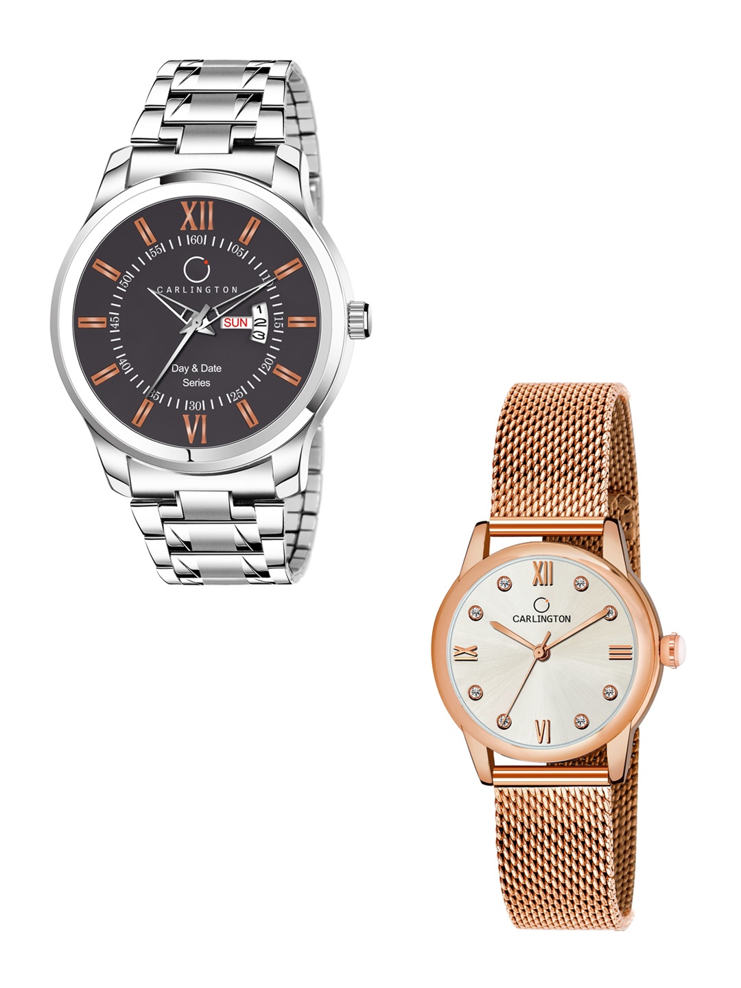 

CARLINGTON His & Her Watch Gift Set Combo G01 Chocolate-CT2005 RoseWhite, Silver