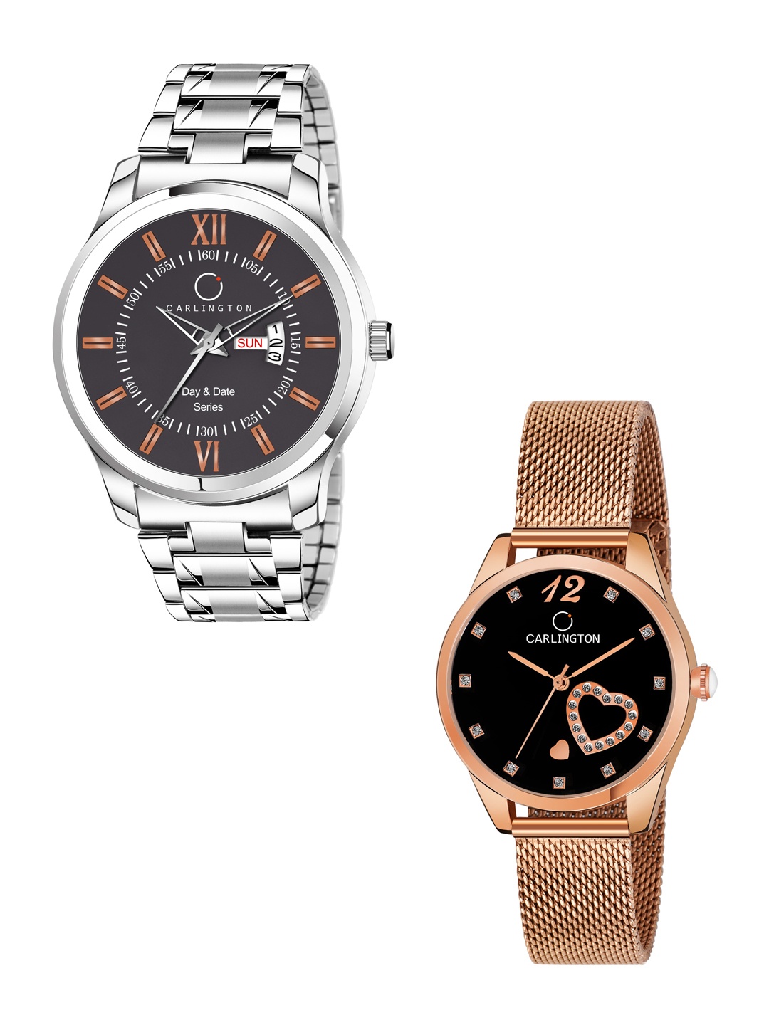 

CARLINGTON His & Her Watch Gift Set Combo G01 Chocolate-CT2006 RoseBlack, Rose gold