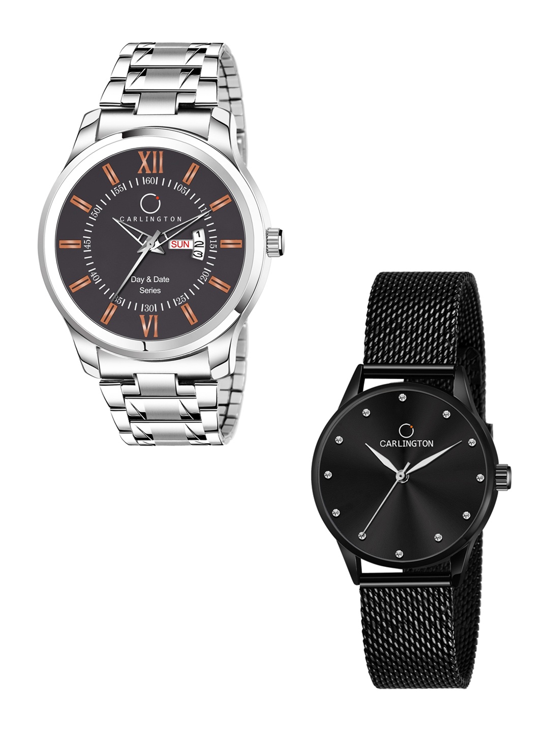 

CARLINGTON His & Her Watch Gift Set Combo G01 Chocolate-CT2009 Black