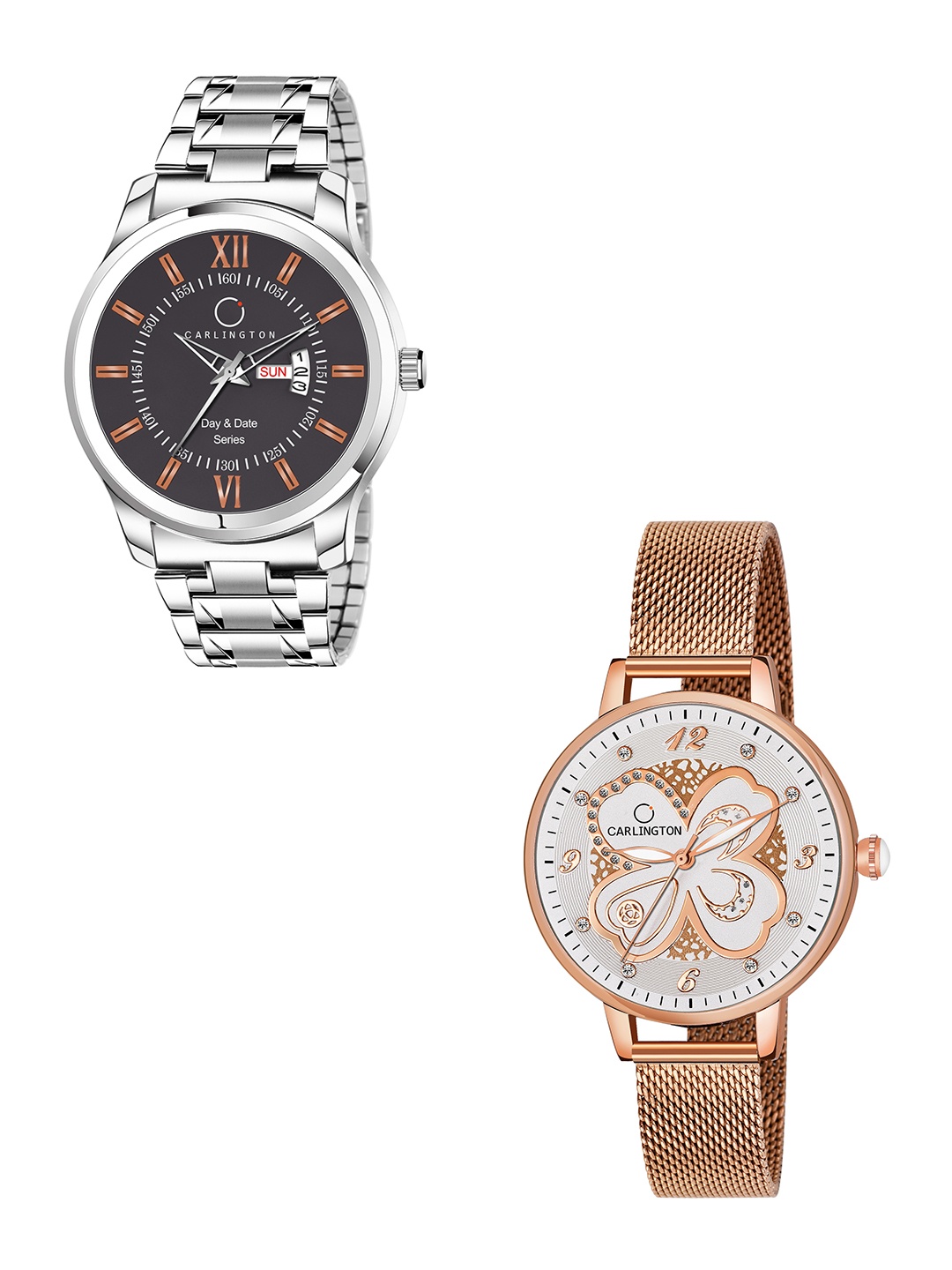 

CARLINGTON His & Her Watch Gift Set Combo G01 Chocolate-CT2019 RoseWhite, Silver