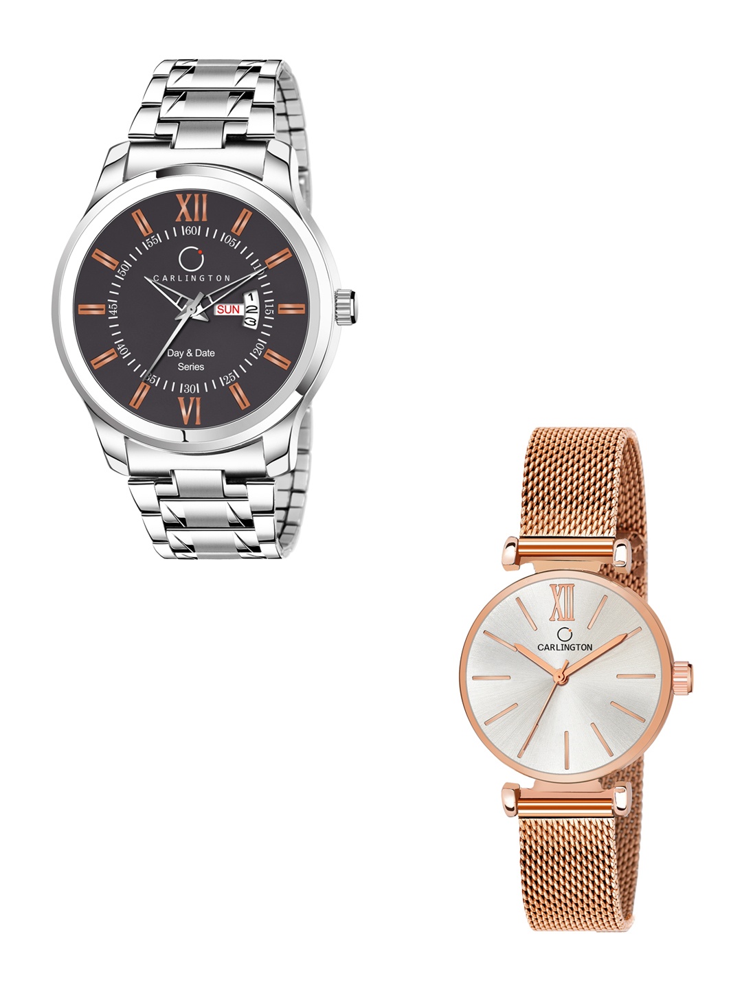 

CARLINGTON His & Her Watch Gift Set Combo G01 Chocolate-CT2016 RoseWhite, Rose gold