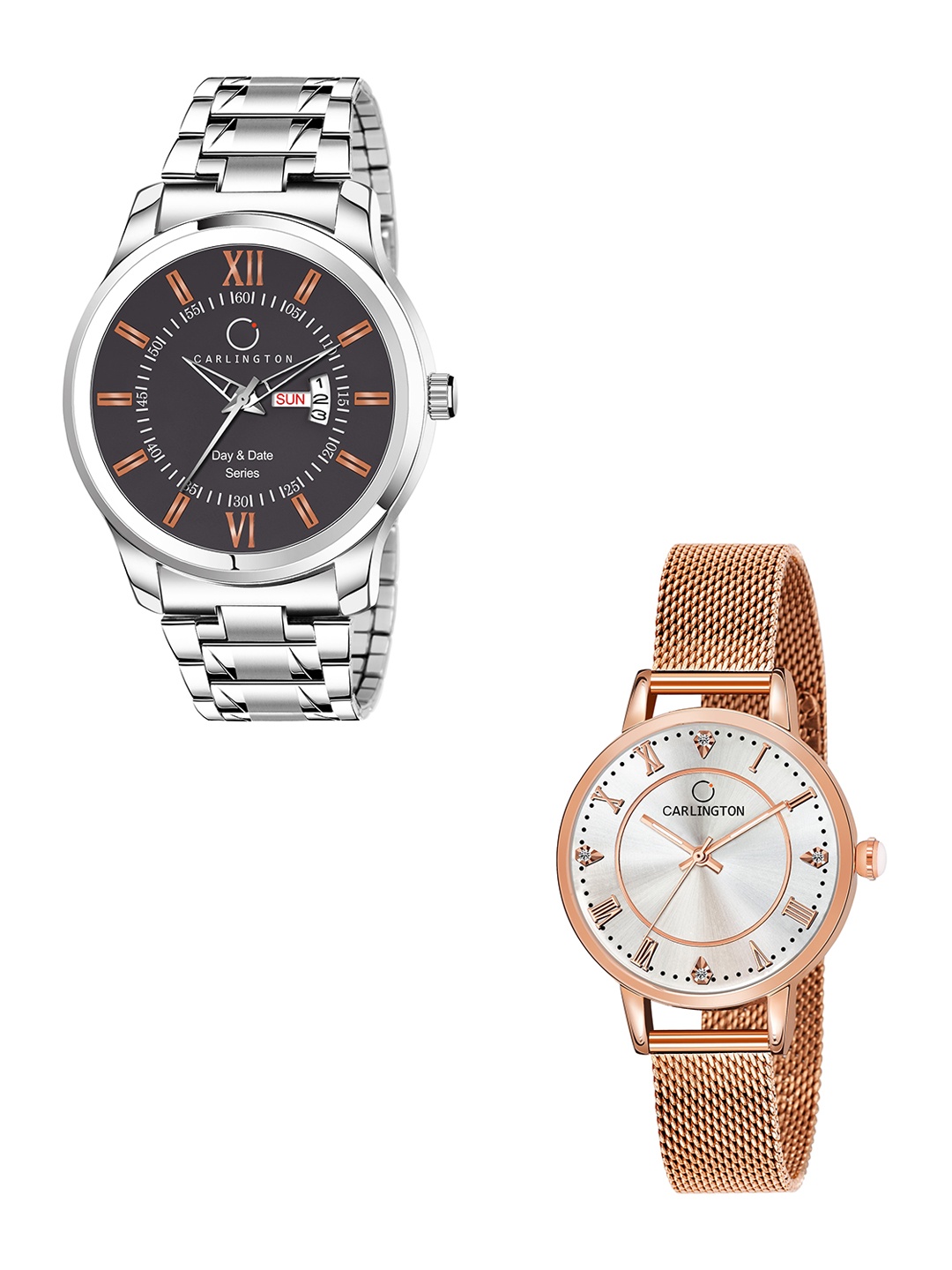 

CARLINGTON His & Her Watch Gift Set Combo G01 Chocolate-CT2013 RoseWhite, Rose gold