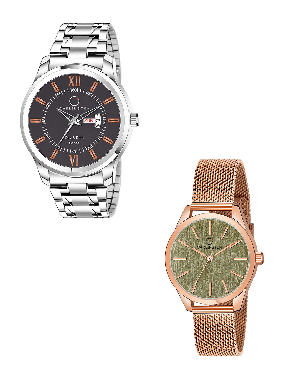 

CARLINGTON His & Her Watch Gift Set Combo G01 Chocolate-CT2001 RoseGreen, Rose gold
