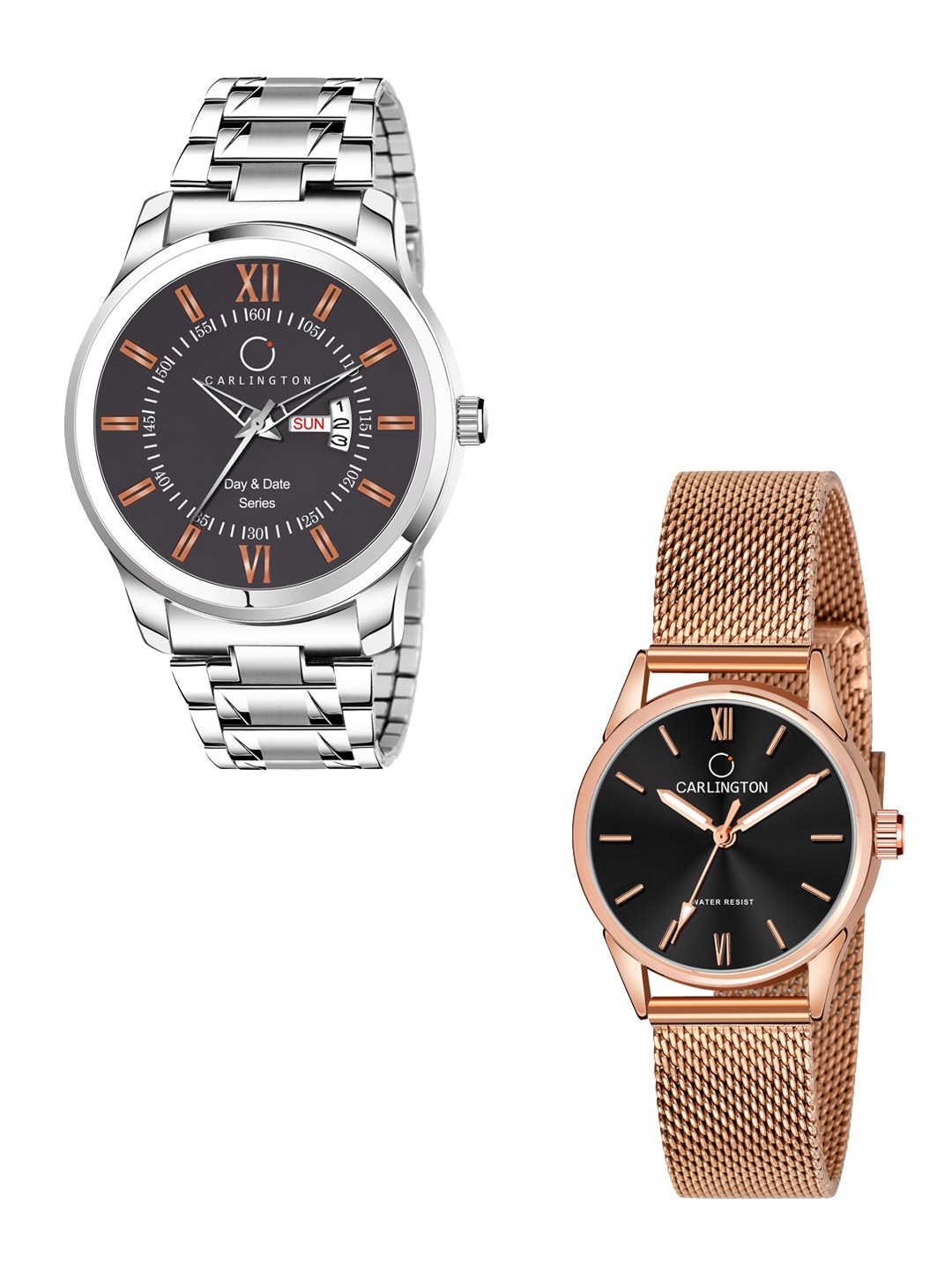 

CARLINGTON His & Her Watch Gift Set Combo G01 Chocolate-CT2008 RoseBlack, Rose gold