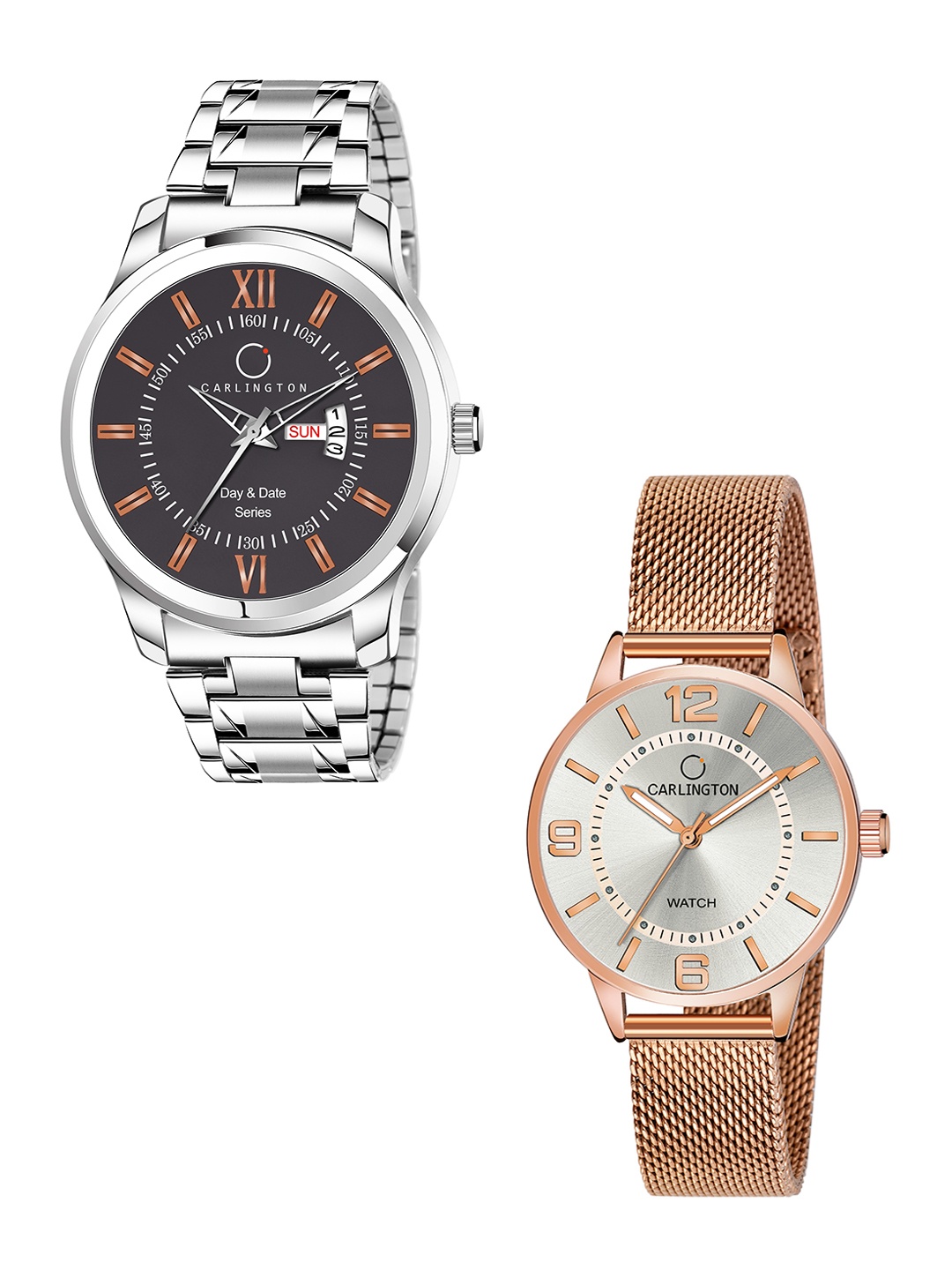 

CARLINGTON His & Her Watch Gift Set Combo G01 Chocolate-CT2002 RoseWhite, Rose gold