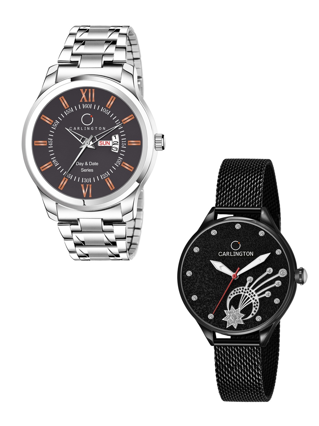 

CARLINGTON His & Her Watch Gift Set Combo G01 Chocolate-CT2003 RoseWhite, Black