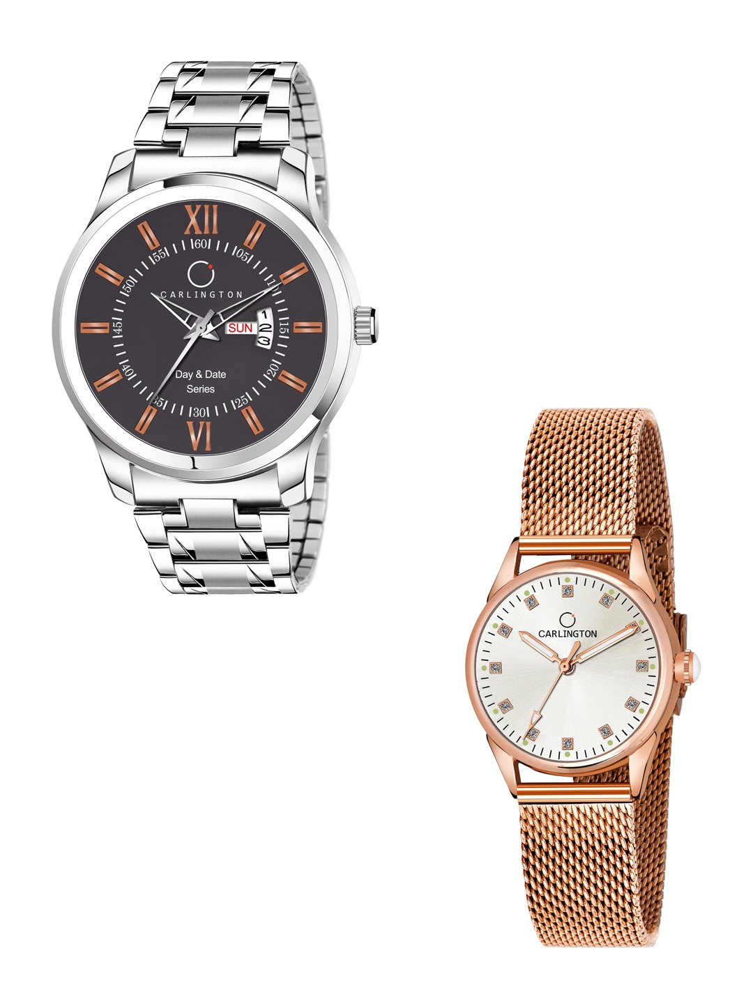 

CARLINGTON His & Her Watch Gift Set Combo G01 Chocolate-CT2003 RoseWhite, Rose gold