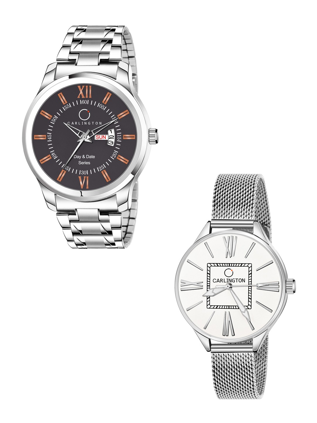 

CARLINGTON His & Her Watch Gift Set Combo G01 Chocolate-CT2015 Silver
