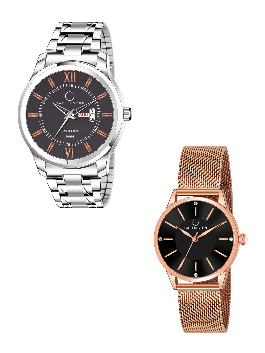 

CARLINGTON His & Her Watch Gift Set Combo G01 Chocolate-CT2004 RoseBlack, Rose gold