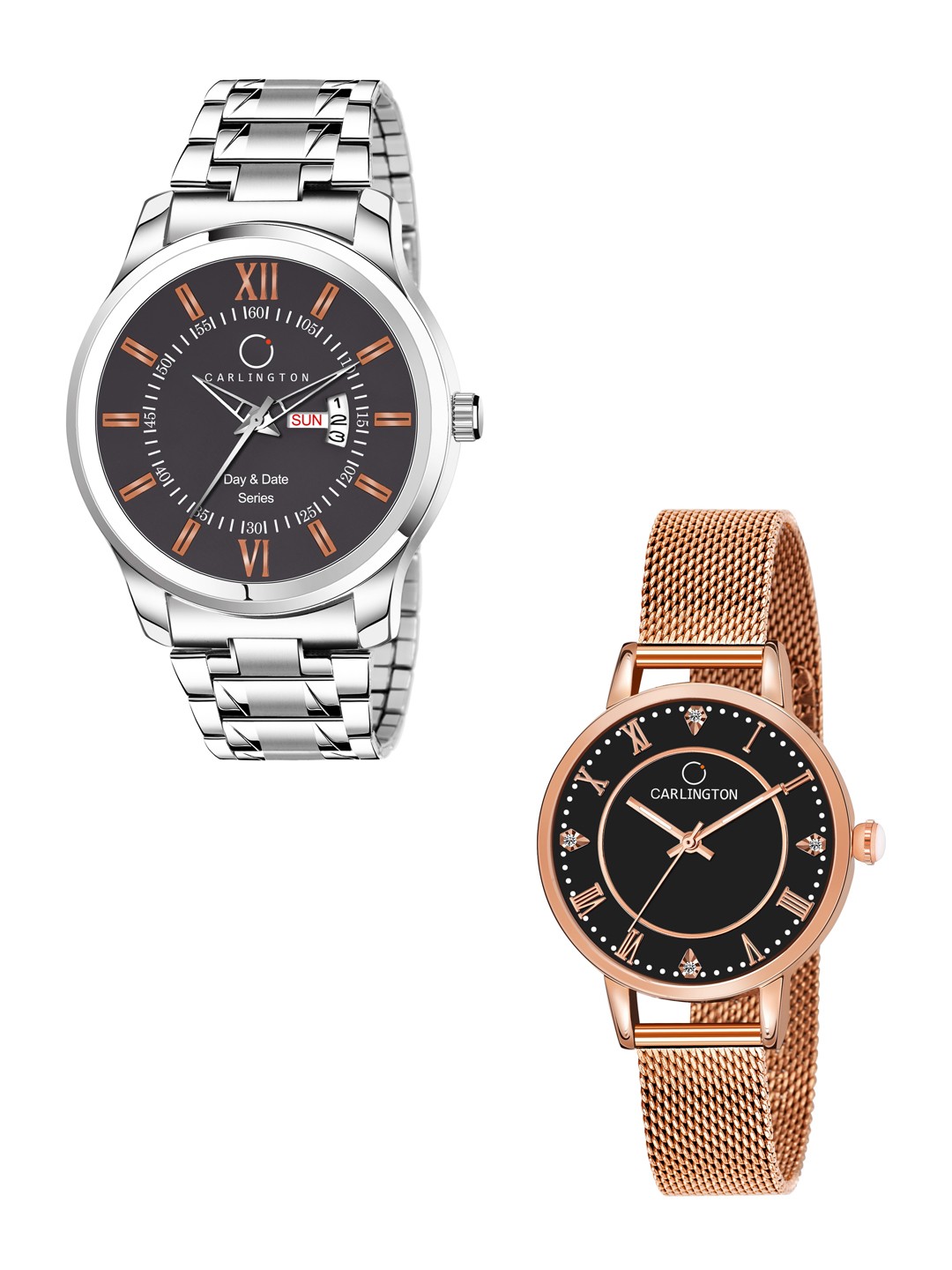 

CARLINGTON His & Her Watch Gift Set Combo G01 Chocolate-CT2013 RoseBlack, Silver
