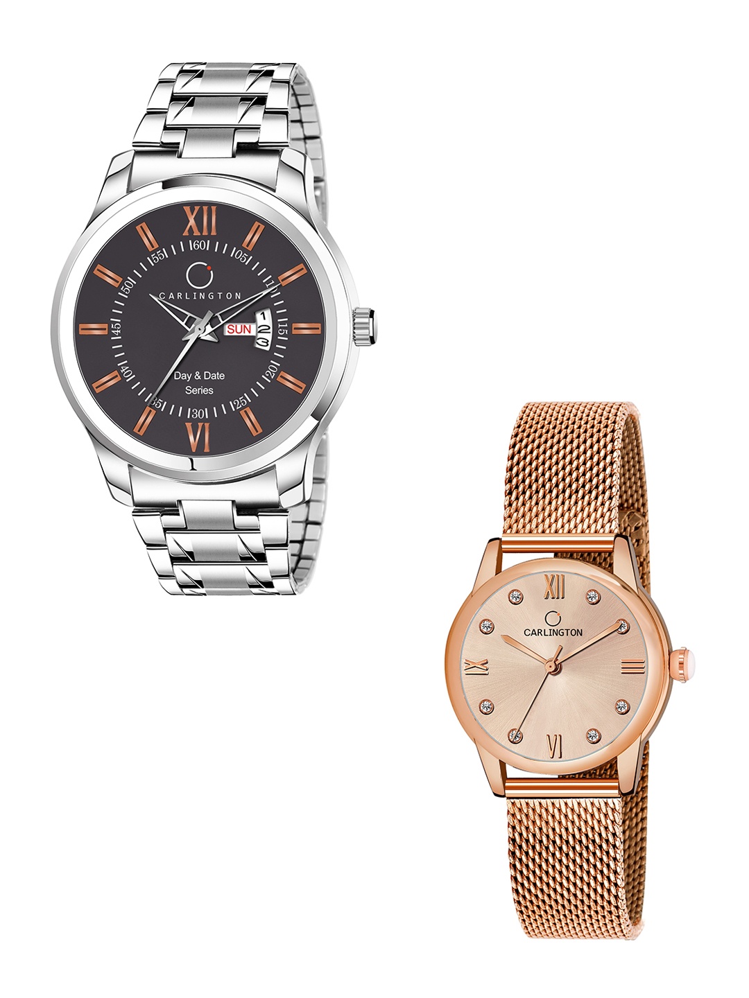 

CARLINGTON His & Her Watch Gift Set Combo G01 Chocolate-CT2005 RoseGold, Rose gold