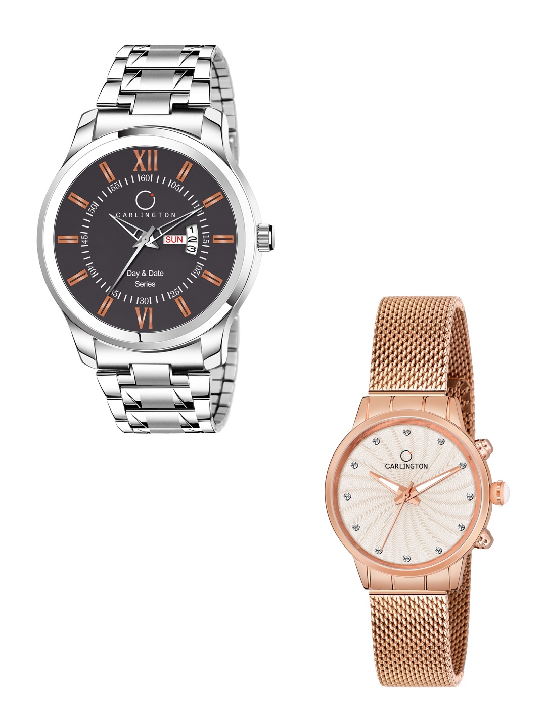 

CARLINGTON His & Her Watch Gift Set Combo G01 Chocolate-CT2017 RoseWhite, Silver