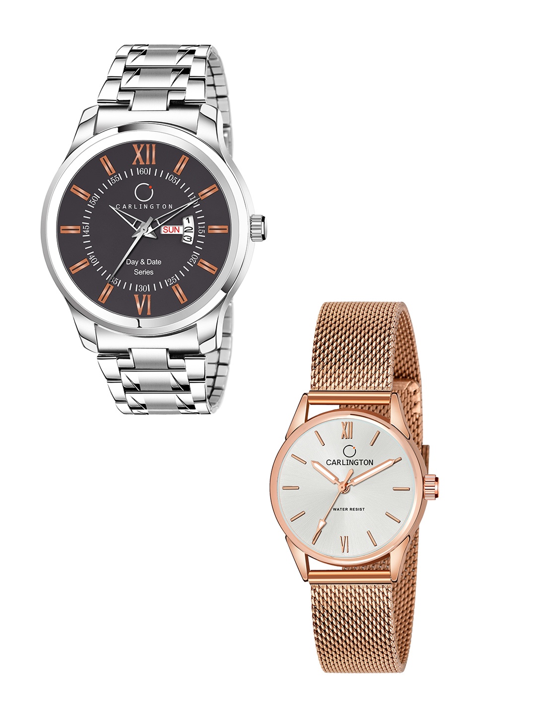 

CARLINGTON His & Her Watch Gift Set Combo G01 Chocolate-CT2008 RoseWhite, Rose gold