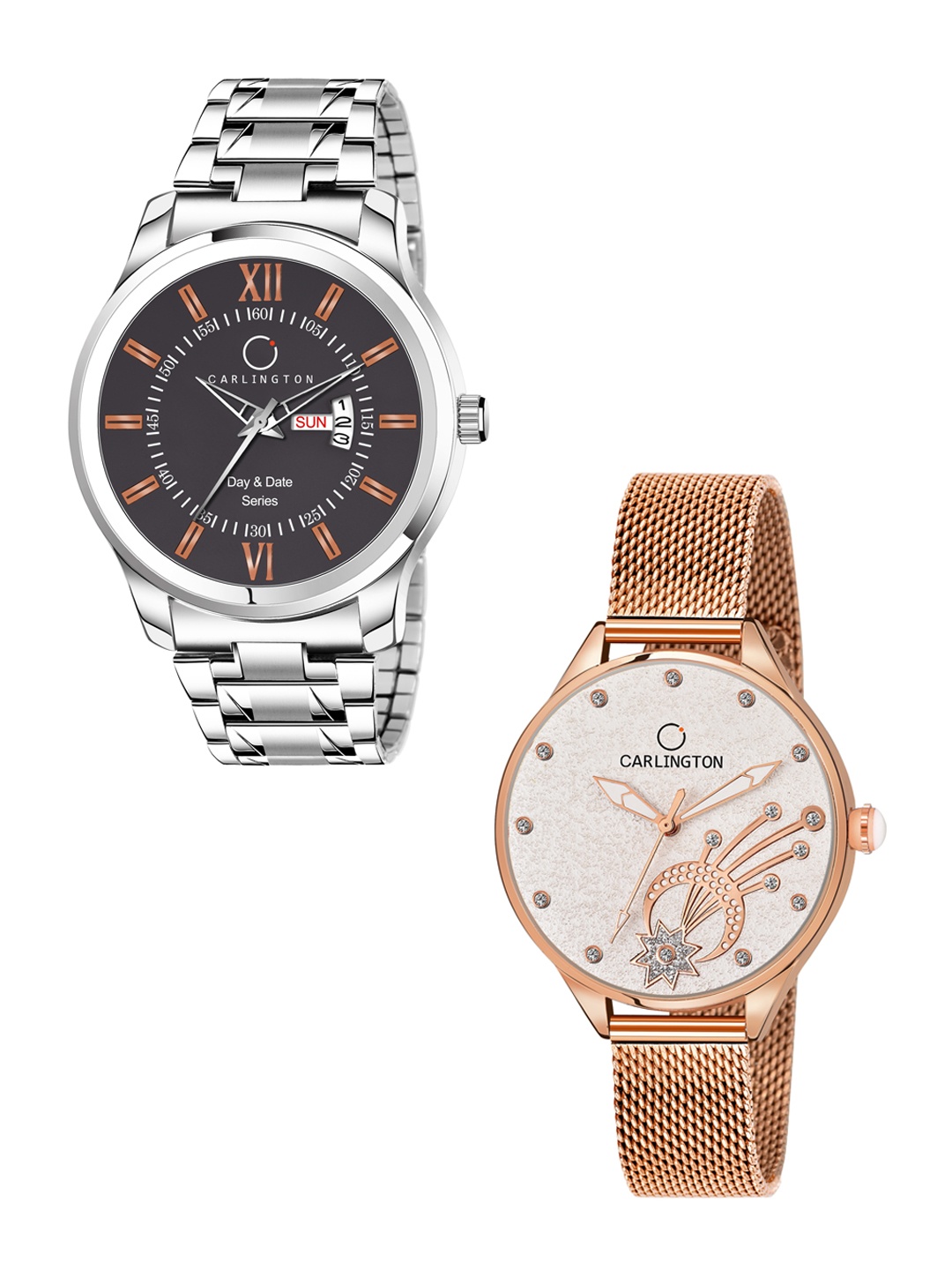 

CARLINGTON His & Her Watch Gift Set Combo G01 Chocolate-CT2020 RoseWhite, Rose gold