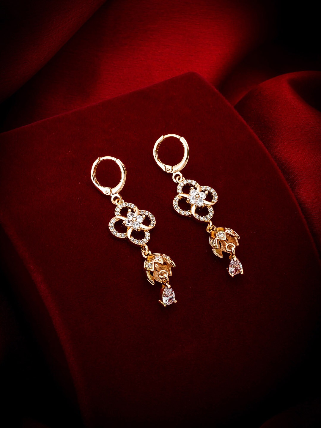 

aadita Gold-Toned Geometric AD Studded Drop Earrings