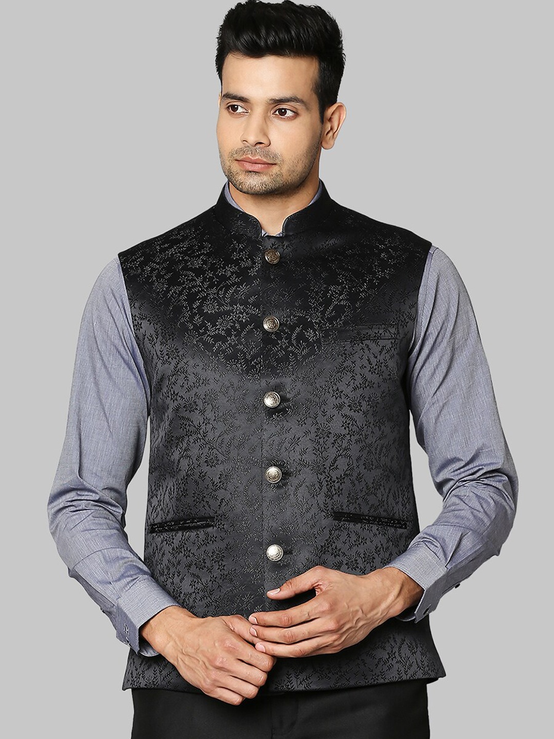 

Raymond Men Black Woven Design Nehru Jacket