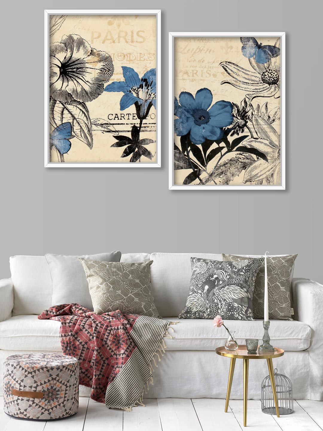 

Art Street Set Of 2 Blue & Grey Floral Theme Canvas Painting Framed Wall Arts