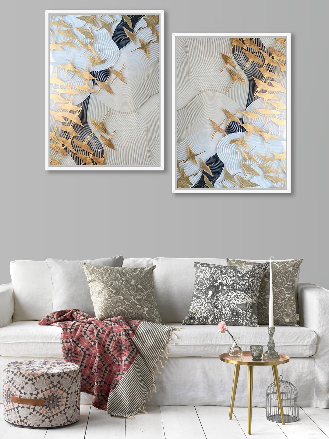 

Art Street Set Of 2 White & Gold Abstract Theme Framed Canvas Wall Art