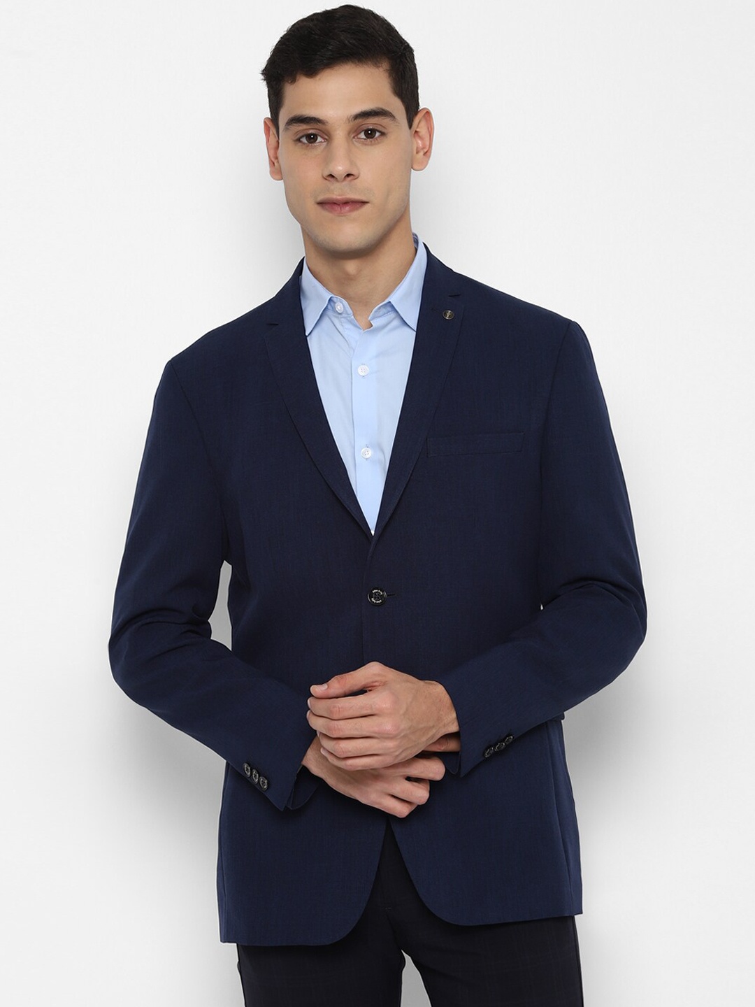 

Allen Solly Men Navy Blue Solid Slim Fit Pure Cotton Single Breasted Blazer