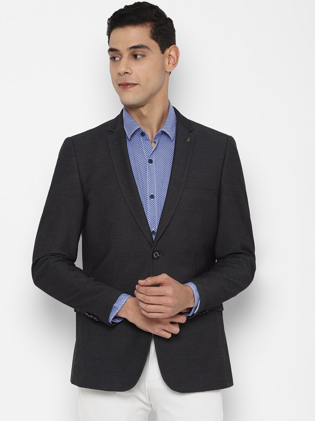 

Allen Solly Men Grey Solid Slim Fit Pure Cotton Single Breasted Blazer