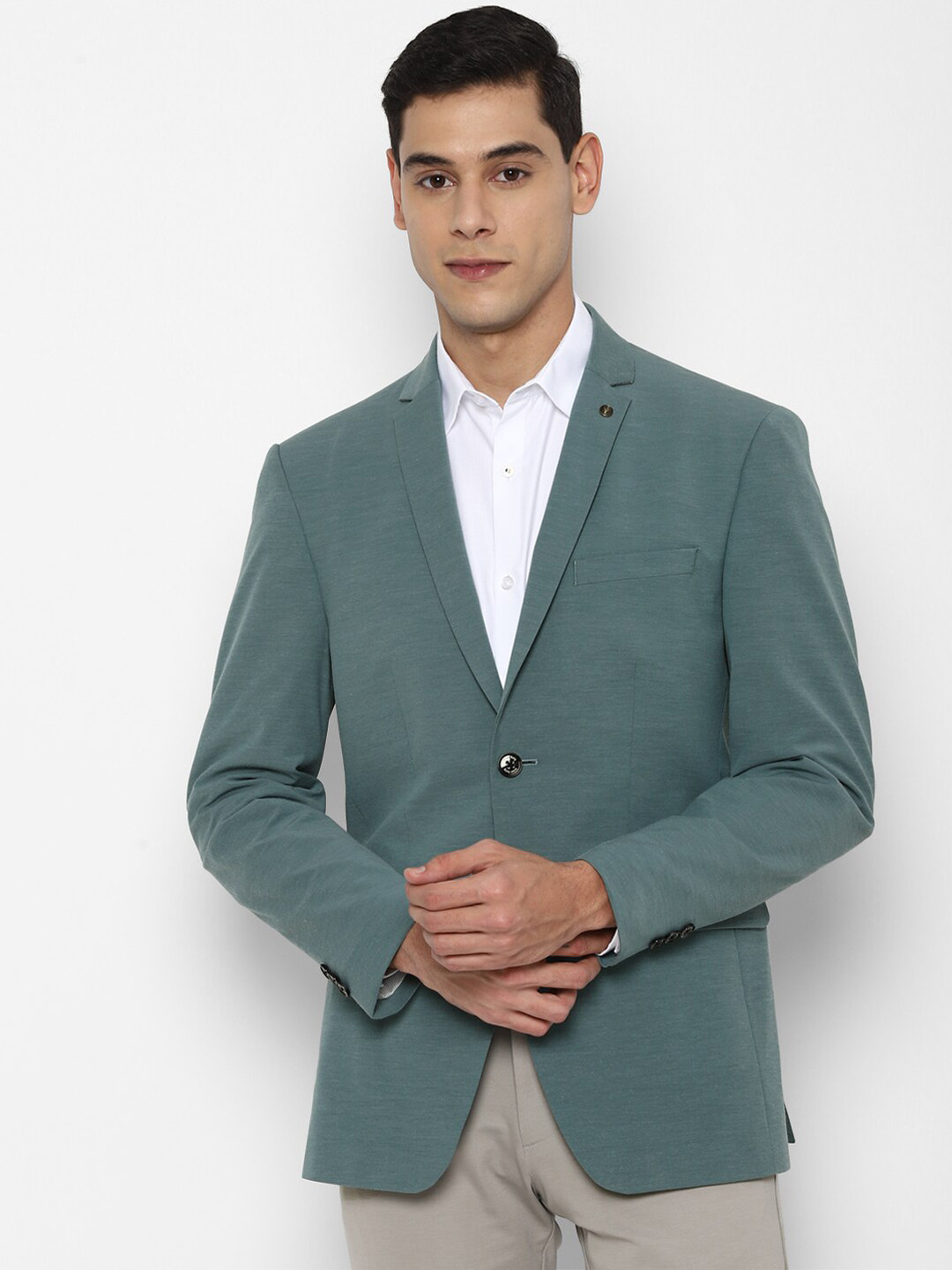 

Allen Solly Men Green Self Design Slim-Fit Single-Breasted Blazer