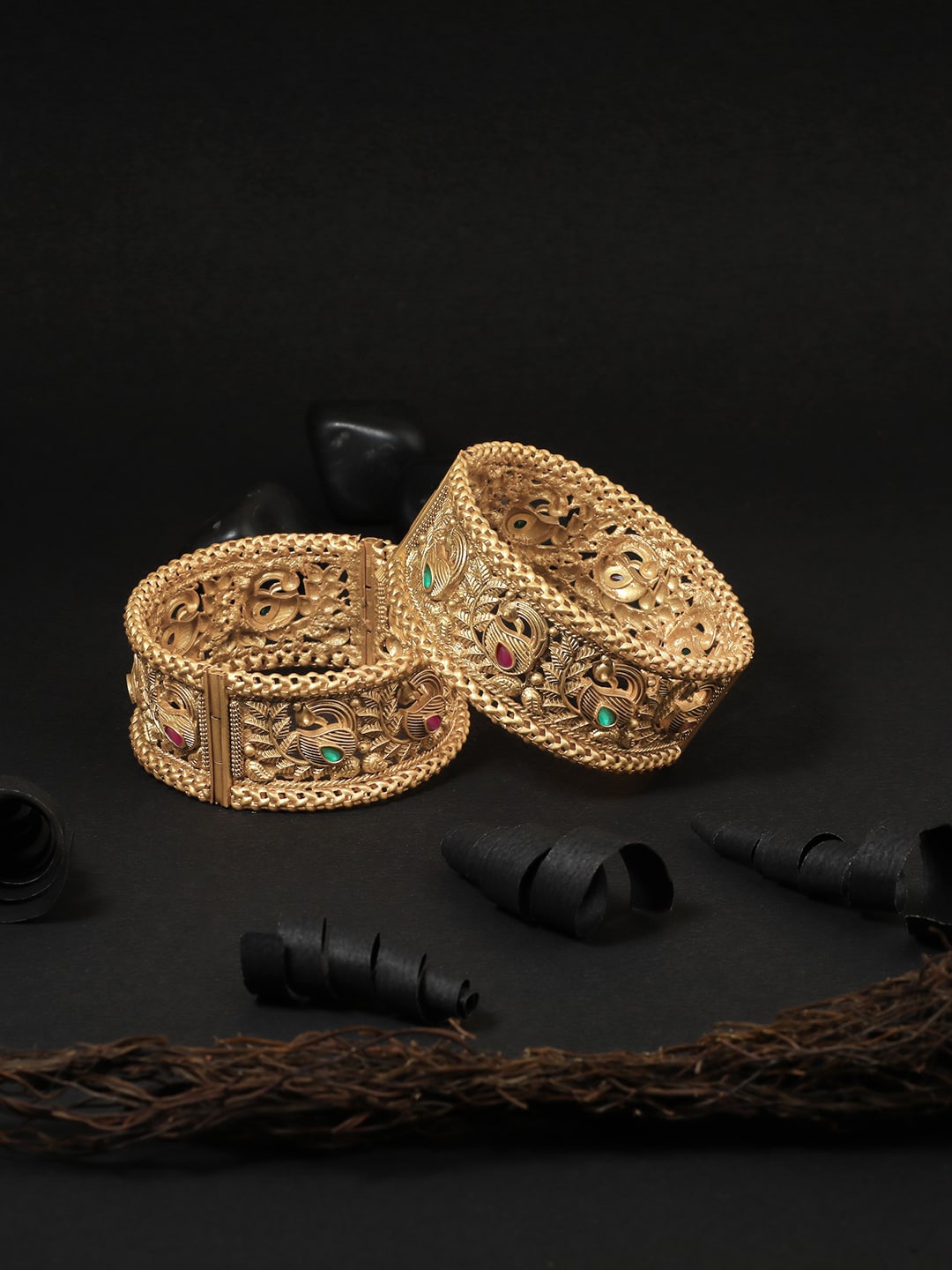 

Adwitiya Collection Set Of 2 Gold-Plated Red & Green Stone-Studded Bangles