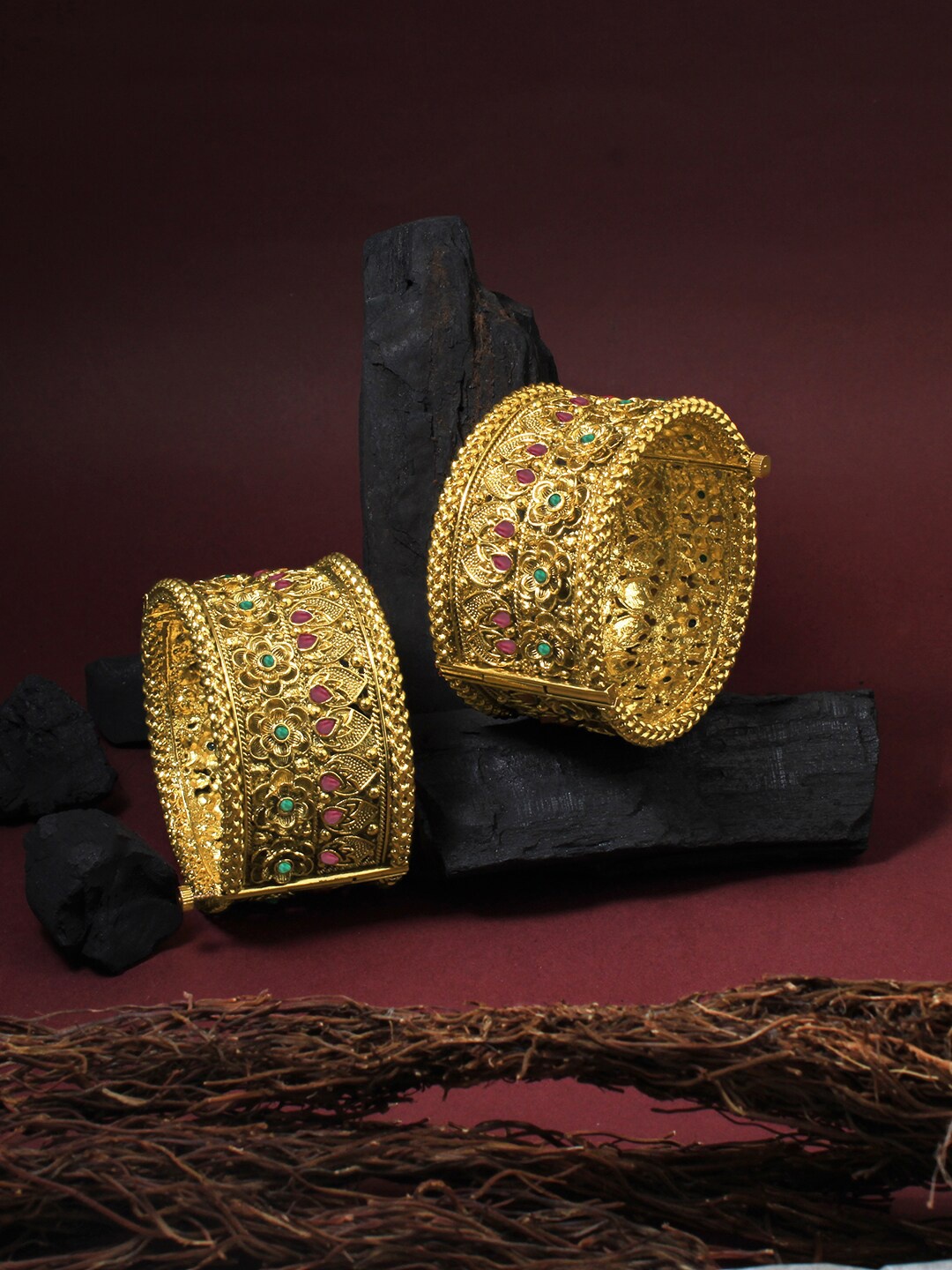 

Adwitiya Collection Set Of 2 Red & Green Gold-Plated 24CT Stone-Studded Bangles