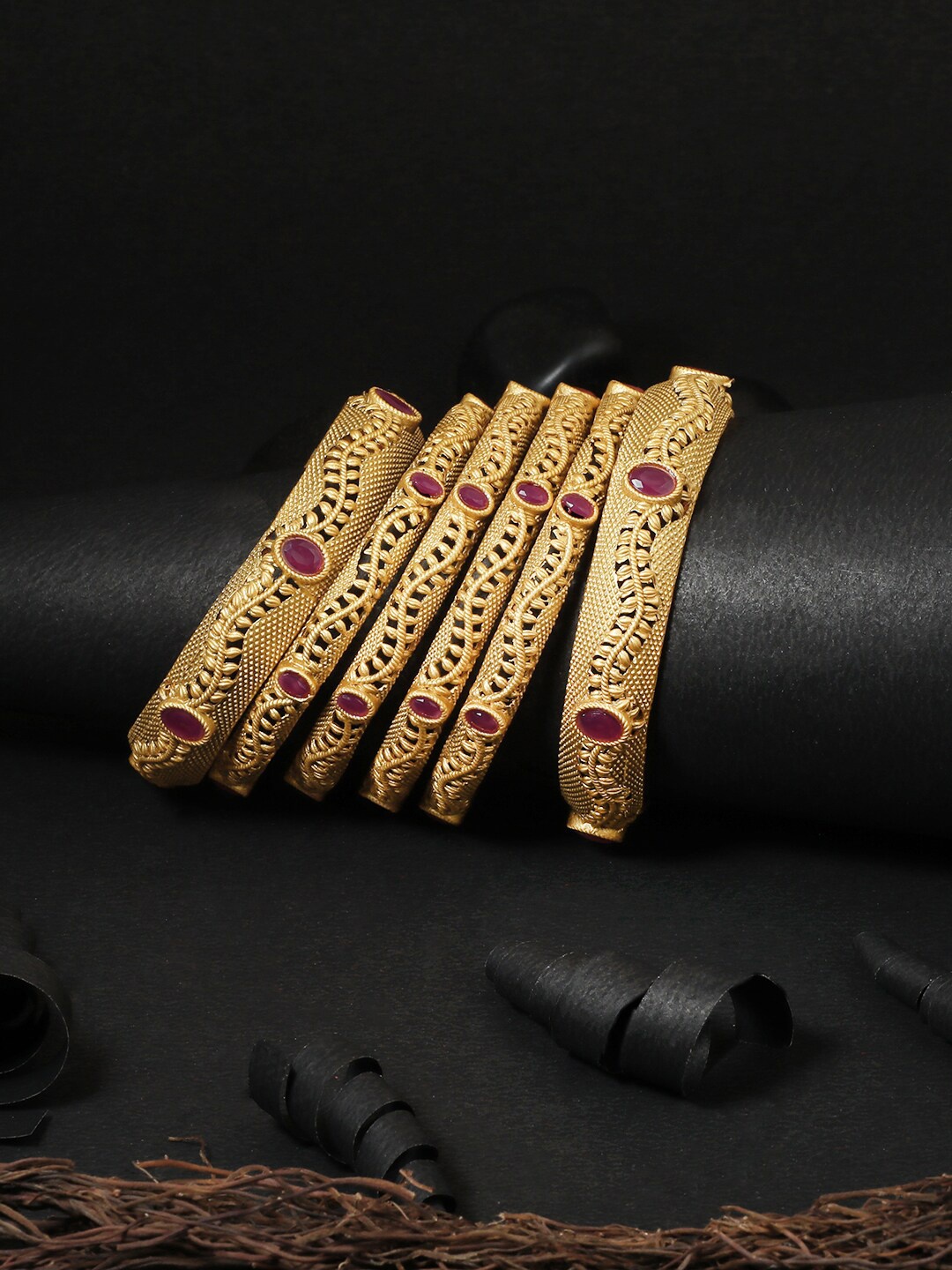 

Adwitiya Collection Set Of 6 24 CT Gold-Plated & Red Stone-Studded Bangles