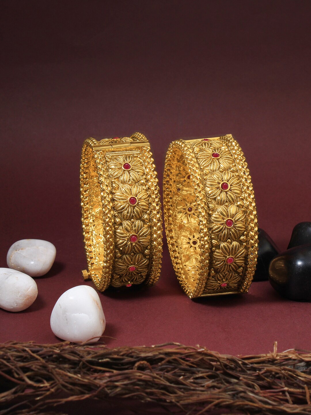 

Adwitiya Collection 24 CT Gold-Plated Set Of 2 Red Stone-Studded Flower Bangles