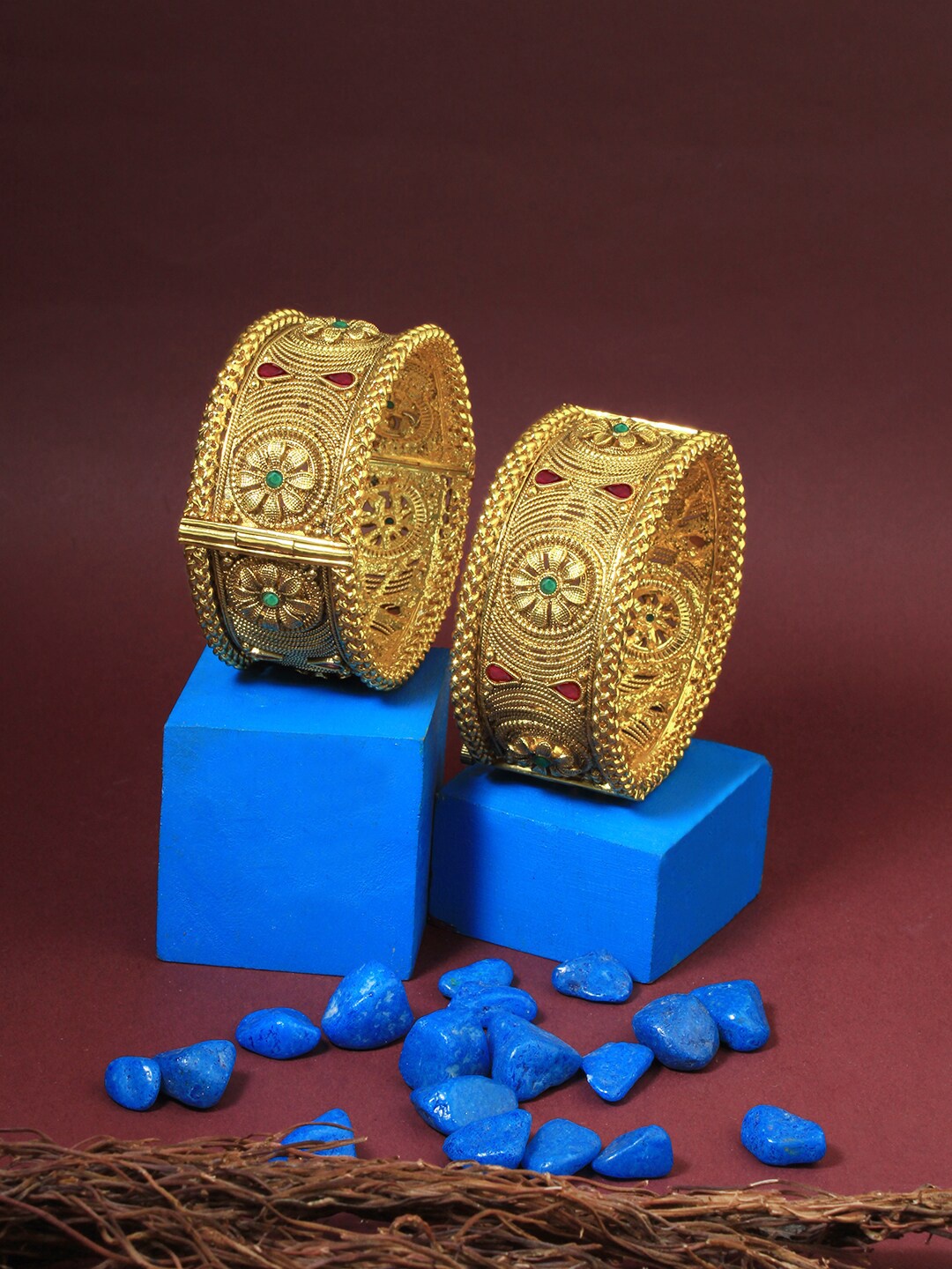 

Adwitiya Collection Set Of 2 24 CT Gold-Plated Red Stone-Studded Bangles