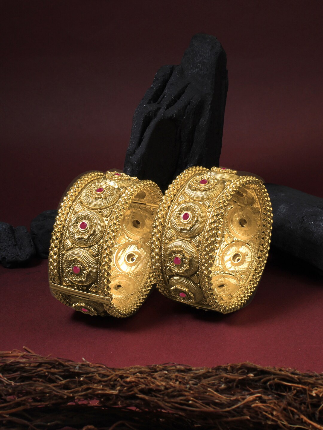 

Adwitiya Collection Set Of 2 24 CT Gold-Plated & Red Stone-Studded Bangles