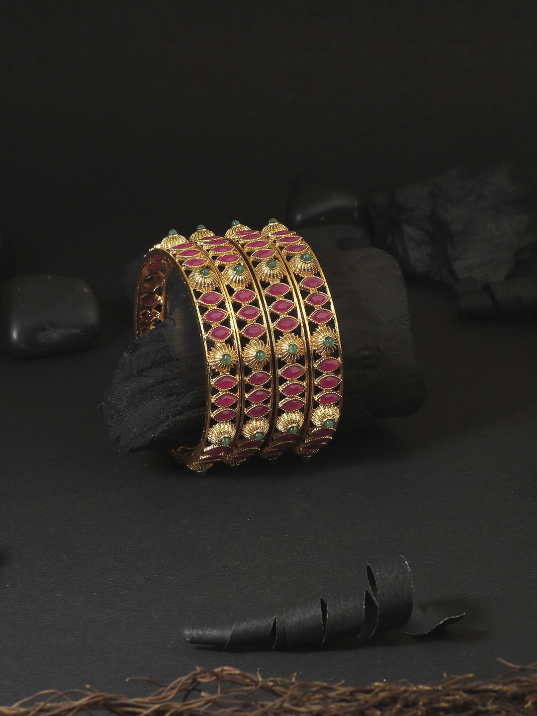 

Adwitiya Collection Set Of 4 24 CT Gold-Plated Red Stone-Studded Bangles